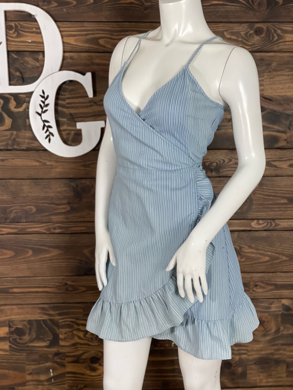 Fantastic‎ Fawn | Light Blue Denim Striped Wrap Dress Ruffle Hem Lightweight
